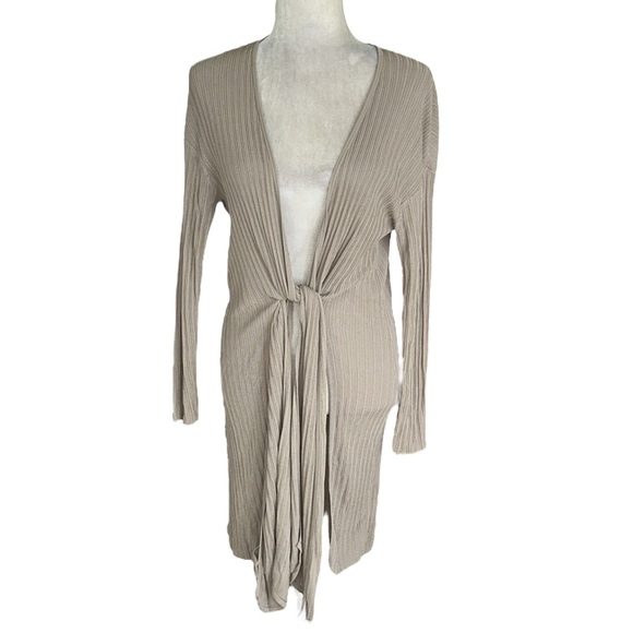 MM Lafleur Graham Beige Ribbed Tie Front Draped Kimono Long Ballet Cardigan - M - Picture 6 of 16